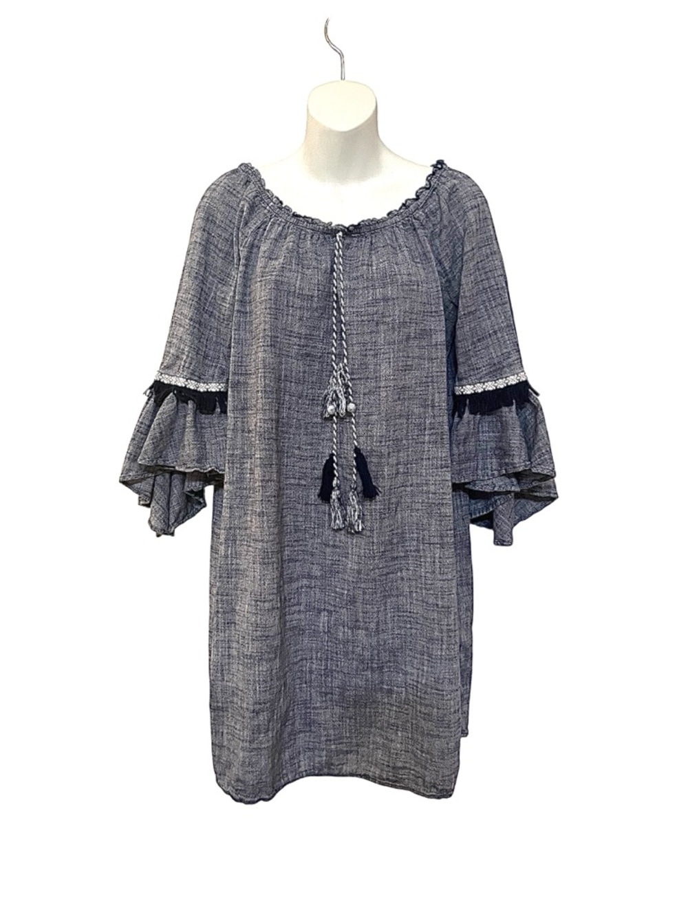 Style & Co. Womens Heather Blue Off The Shoulder Bell Sleeve Mini Dress M boho
